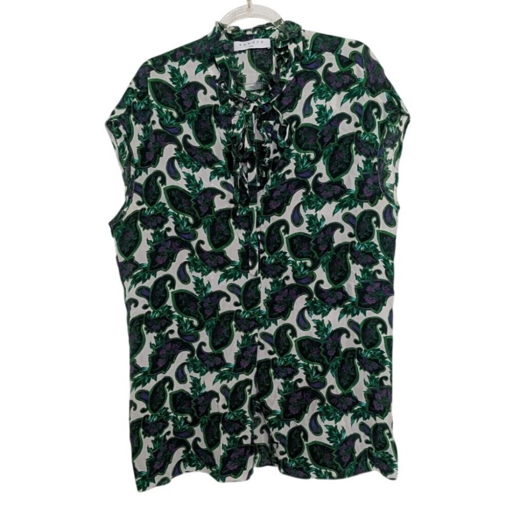 Sandro Paris Paisley Silk Top Womens Size 2 White Green Sleeveless Shirt